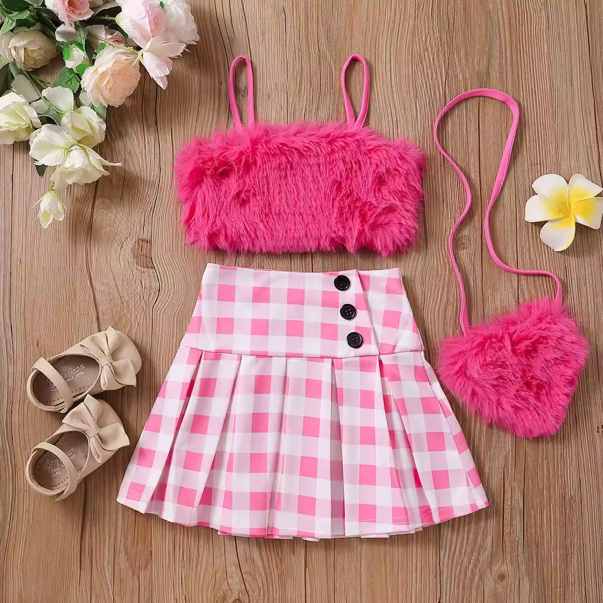Fur Suspender Plaid Pleated Skirt Baby Girls Clothing Sets - Image 2