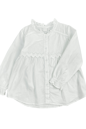 Plain White Blank Button Front Lace Long Sleeve Frill Collar Cute Blouse