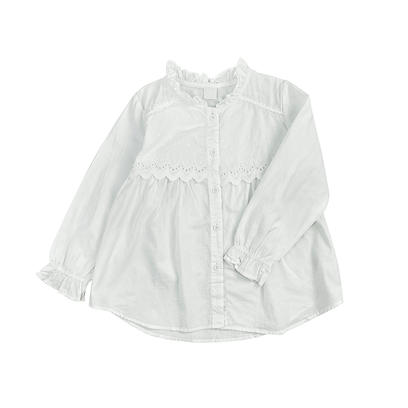 Plain White Blank Button Front Lace Long Sleeve Frill Collar Cute Blouse