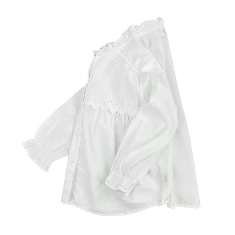 Plain White Blank Button Front Lace Long Sleeve Frill Collar Cute Blouse - Image 2