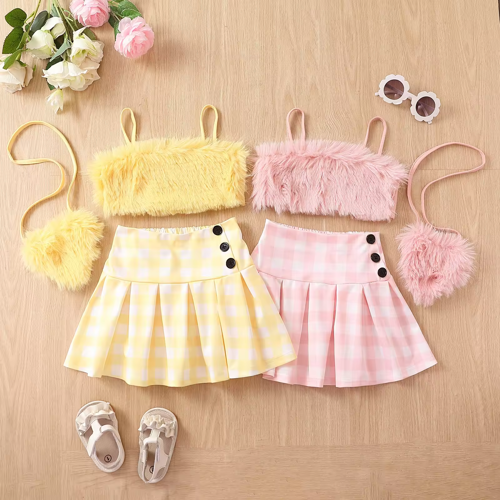 Fur Suspender Plaid Pleated Skirt Baby Girls Clothing Sets