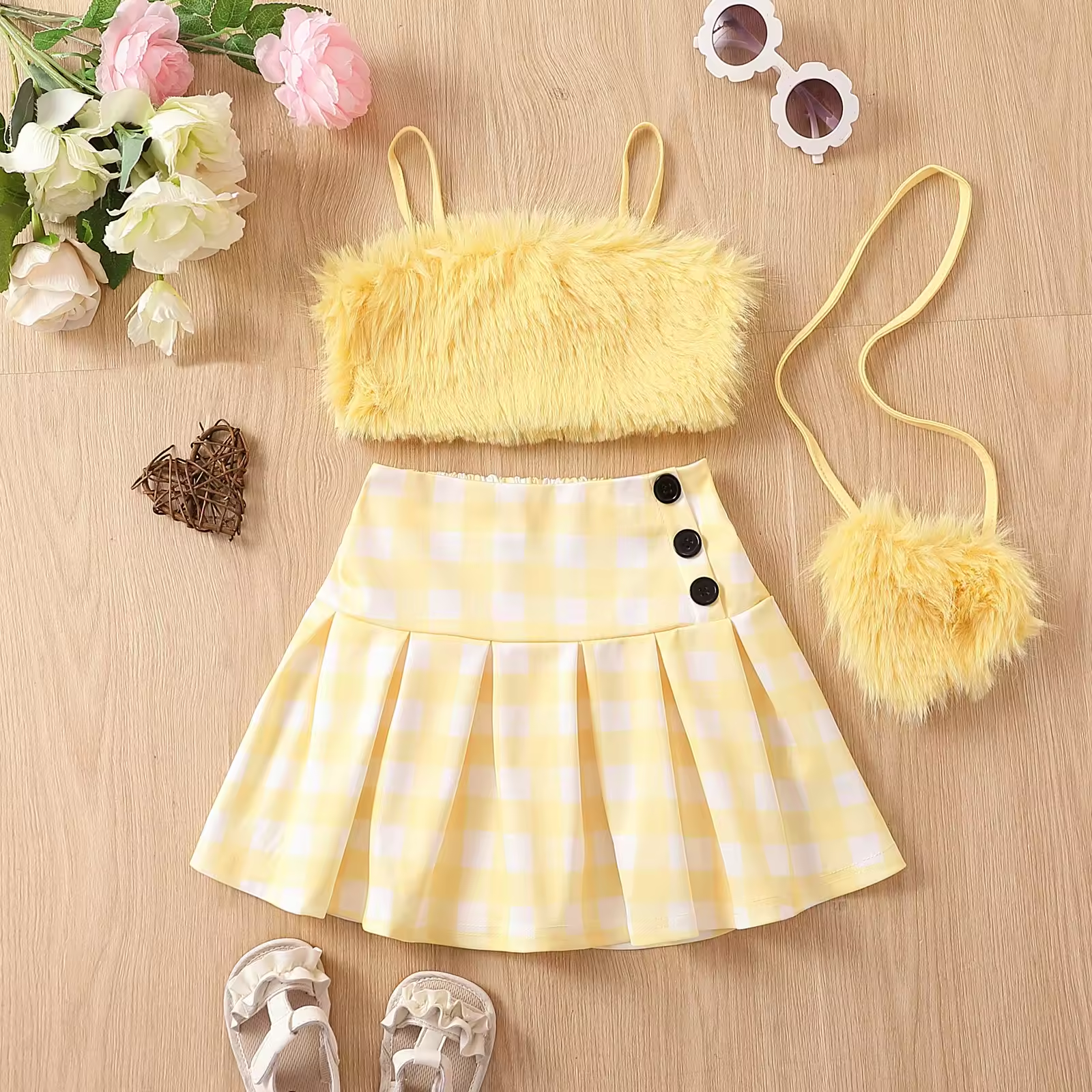Fur Suspender Plaid Pleated Skirt Baby Girls Clothing Sets - Image 4