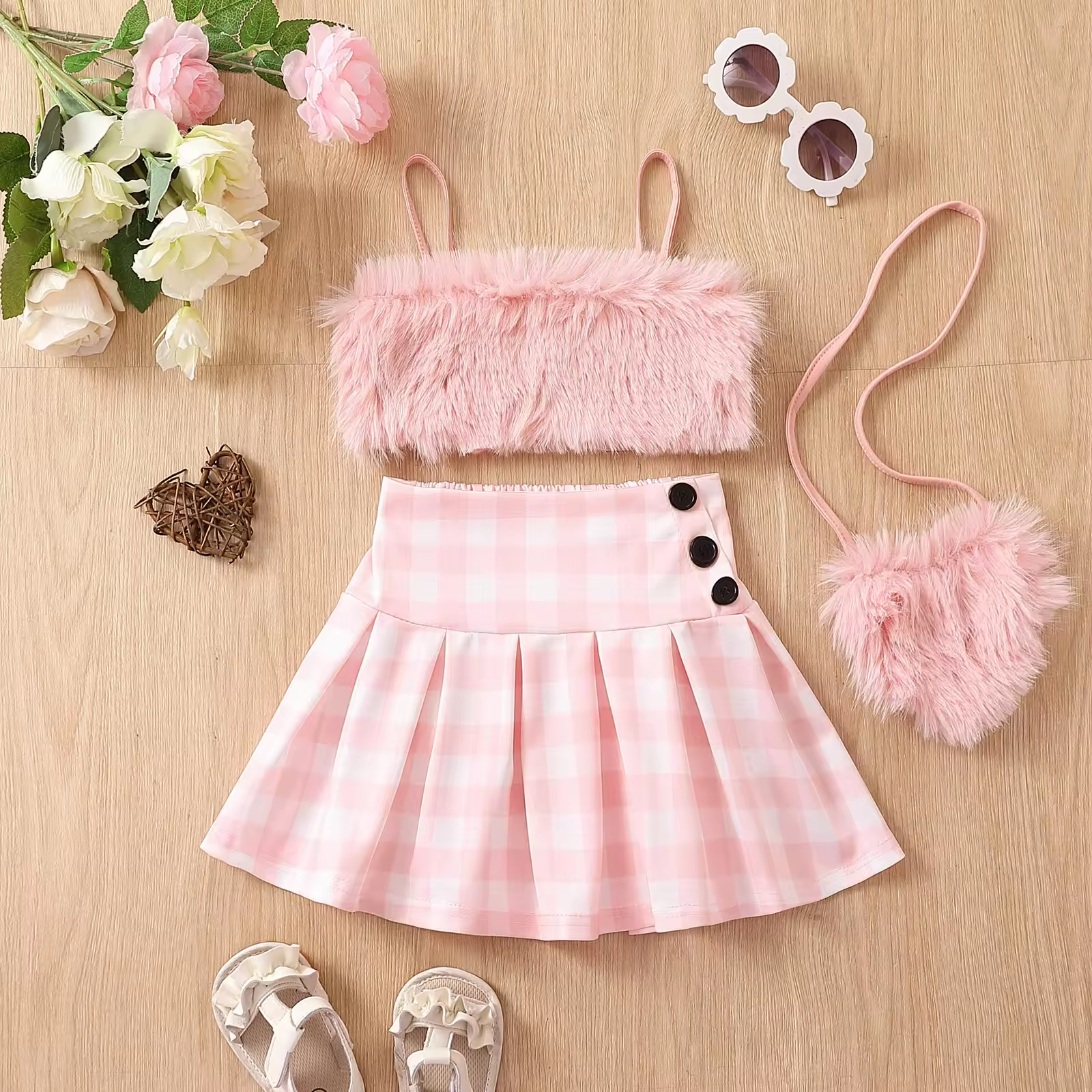 Fur Suspender Plaid Pleated Skirt Baby Girls Clothing Sets - Image 3