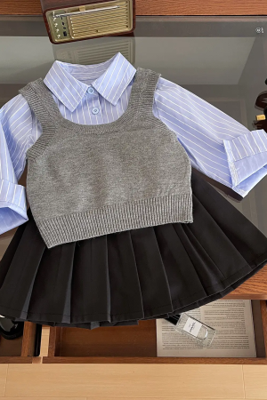 Knitted vest shirt skirt 3pcs outfit Children black ruffle dress Clothing Set