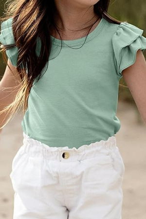 Summer  Trendy Ruffle Sleeve Blouses Crew Neck Tees