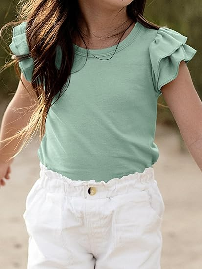 Summer Trendy Ruffle Sleeve Blouses Crew Neck Tees