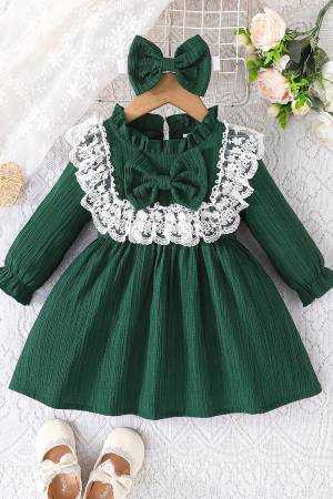 Children's sweet and elegant exquisite lace ruffle collar long sleeved green dress skirts