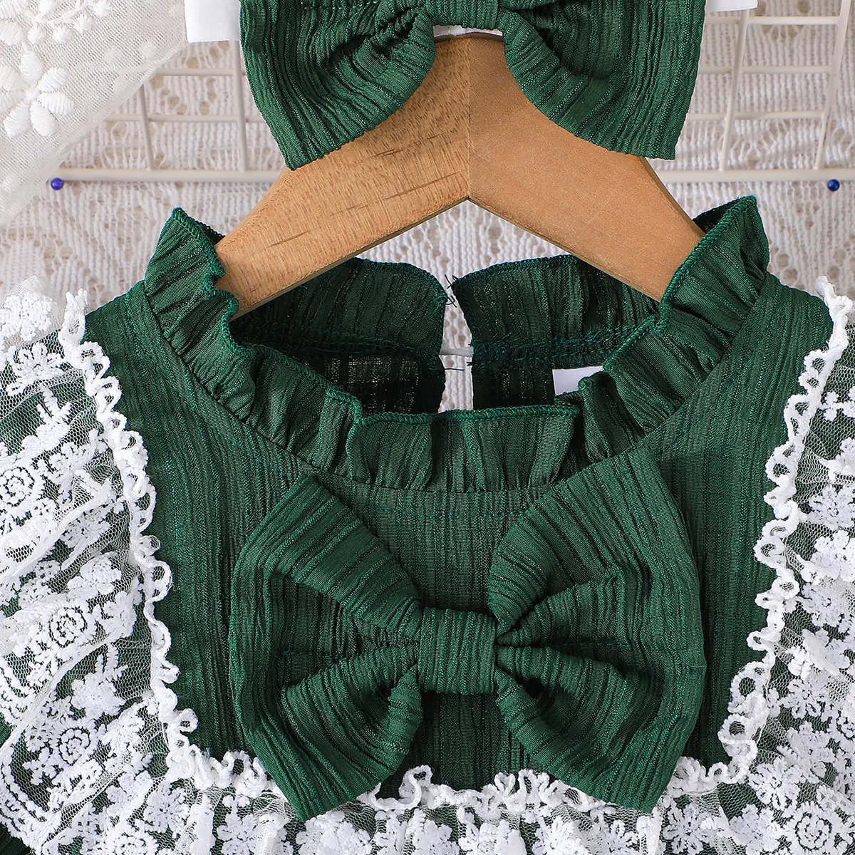 Children's sweet and elegant exquisite lace ruffle collar long sleeved green dress skirts - Image 4