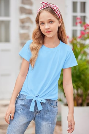 Girls Short Sleeve Shirts Tie Knot Front Tops T Shirts for Kids